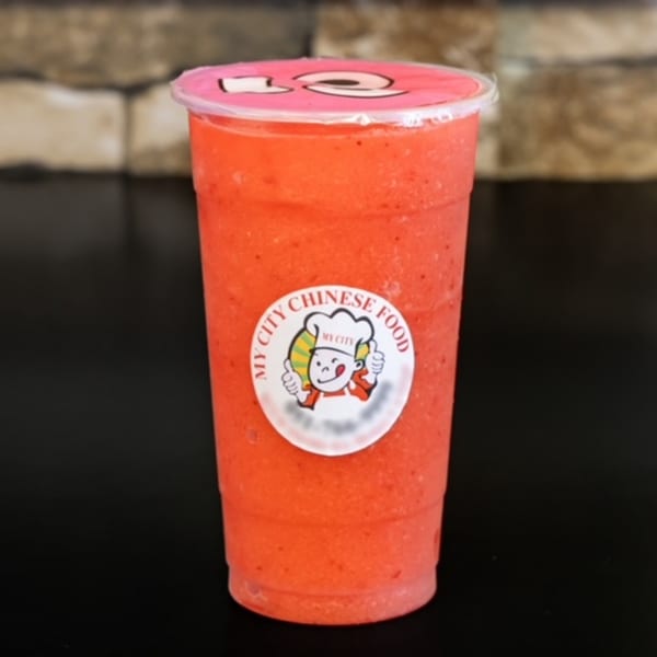 A vibrant red strawberry smoothie from My City Chinese Food, with a branded sticker on the cup.